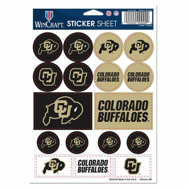 A sheet of stickers with 17 pieces. They are black, gold, and white, and they have the interlocking CU logo, the CU Buffalo logo, and Colorado Buffaloes written. 12 are circles and 5 are rectangles.